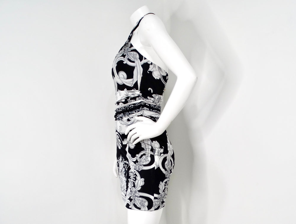 Versace Black & Grey Baroque Print Halter Dress