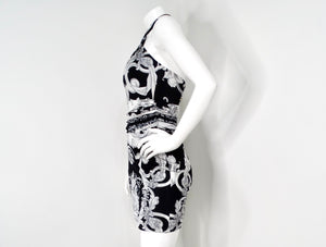 Versace Black & Grey Baroque Print Halter Dress