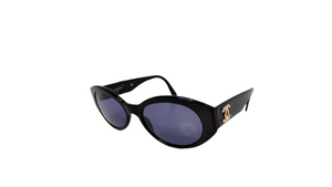 Chanel Interlocking CC Black Oval Frame Purple Tinted Sunglasses circa 1990s