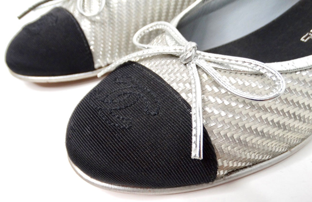 Chanel Silver Metallic PVC Woven Grosgrain Black Cap Toe Ballet Flats