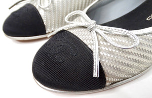 Chanel Silver Metallic PVC Woven Grosgrain Black Cap Toe Ballet Flats