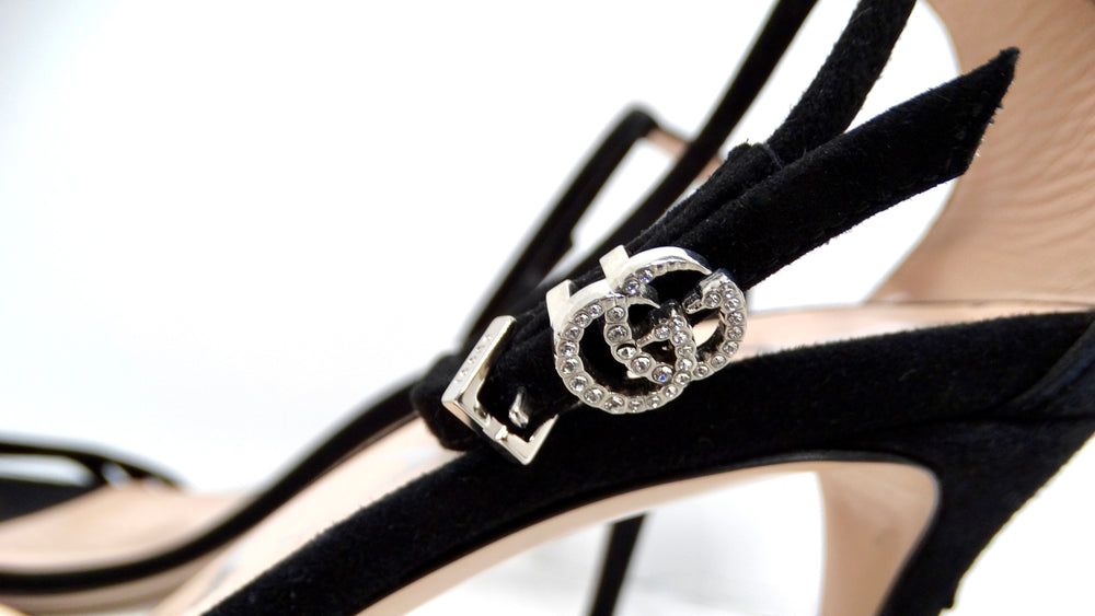 Gucci Black Suede Kid Scamosciato Crystal GG Ankle Strap High Heel Sandals