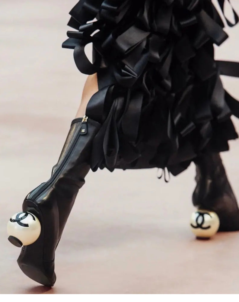 Chanel Black Lambskin & Patent Leather Mid-Calf Pearl Logo Heel