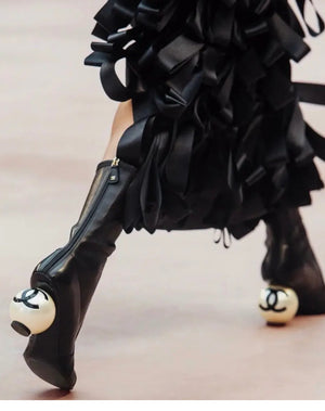 Chanel Black Lambskin & Patent Leather Mid-Calf Pearl Logo Heel