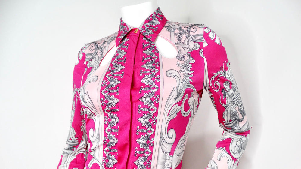 Versace Hot Pink Cutout Baroque Print Long-Sleeve Belted Dress