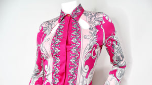Versace Hot Pink Cutout Baroque Print Long-Sleeve Belted Dress