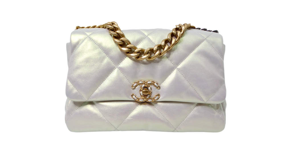 Chanel 19 Pearly White Iridescent Calfskin Flap Bag