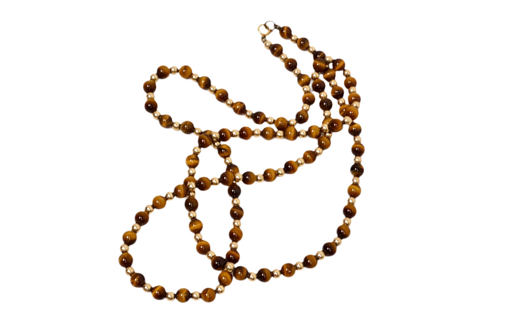1980s Tiger's Eye and 14k Yellow Gold Long Beaded Necklace