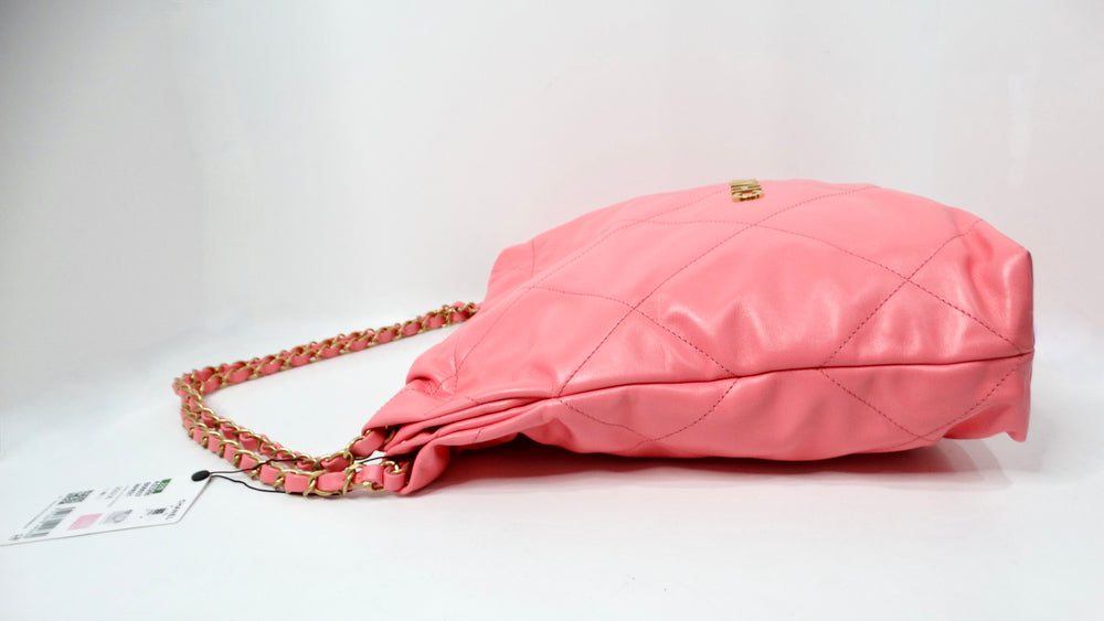 Chanel 22 Small Coral Shiny Quilted Calfskin Tote Bag