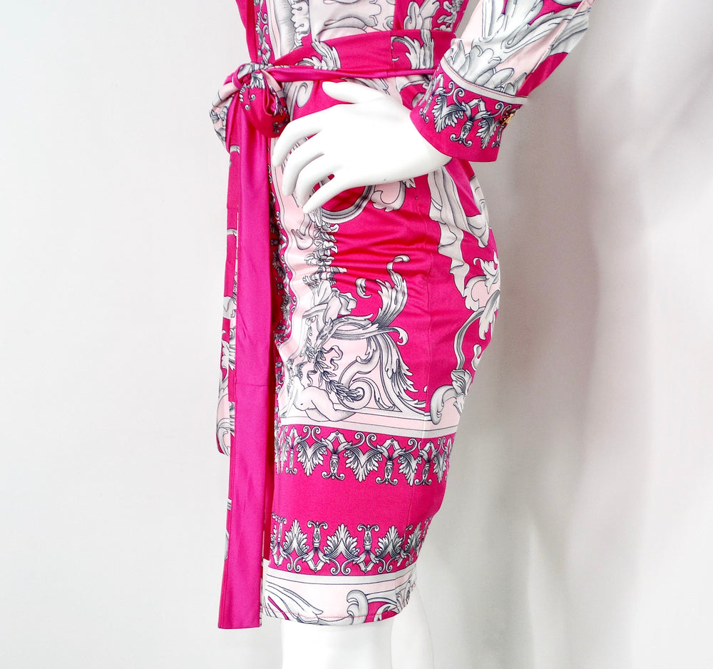 Versace Hot Pink Cutout Baroque Print Long-Sleeve Belted Dress