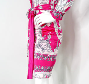 Versace Hot Pink Cutout Baroque Print Long-Sleeve Belted Dress