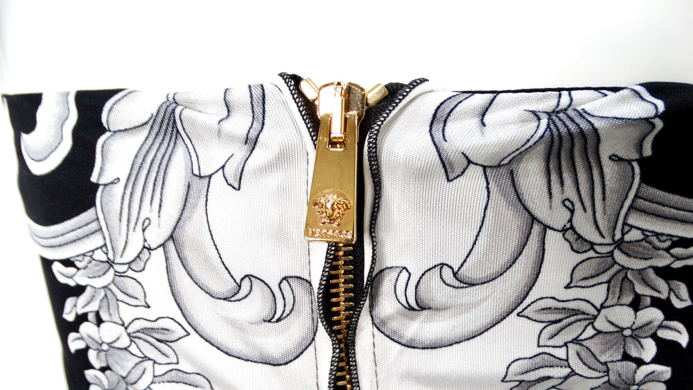 Versace Black & Grey Baroque Print Halter Dress