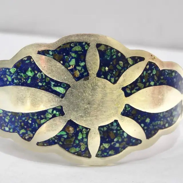 1980s Silver and Turquoise Inlay Sun Motif Cuff Bracelet