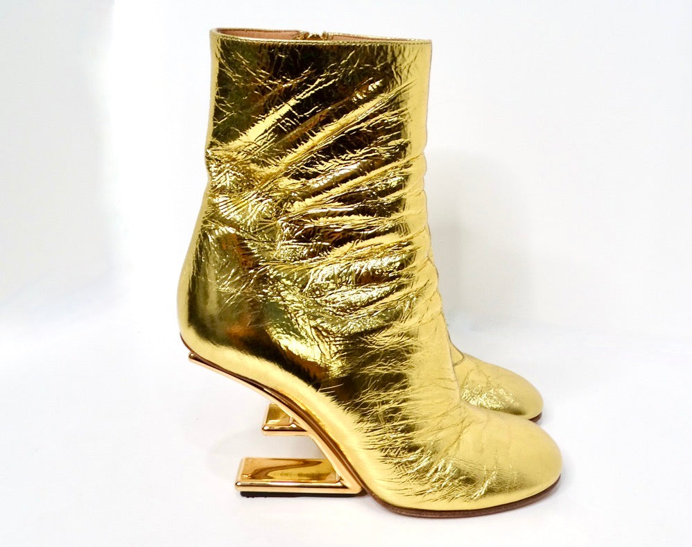 Fendi Gold-Tone Laminated Craquele Nappa Fendi First Booties