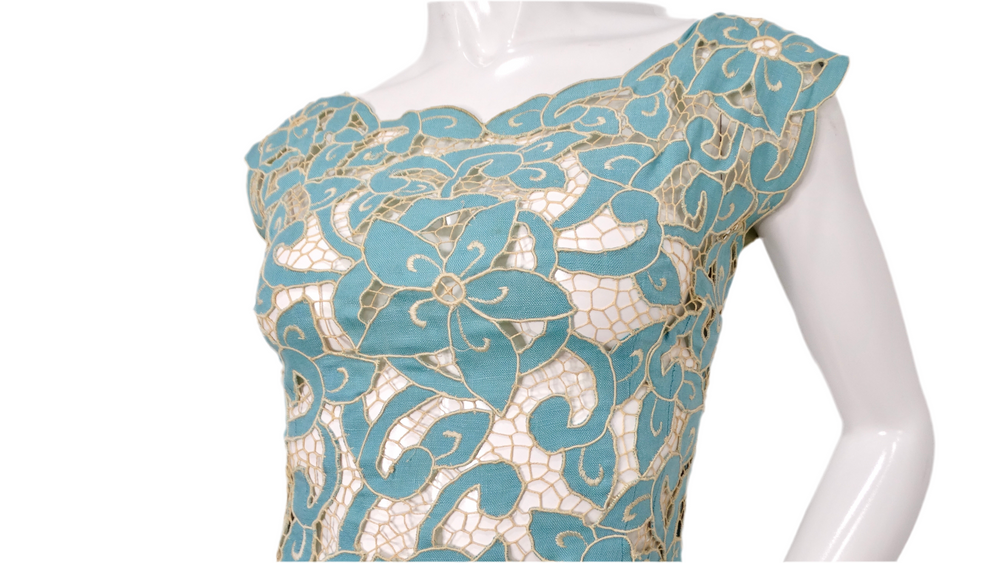 1980s Blue & Cream Floral Net Detail Cut-Out Midi Dress
