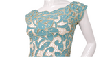 1980s Blue & Cream Floral Net Detail Cut-Out Midi Dress