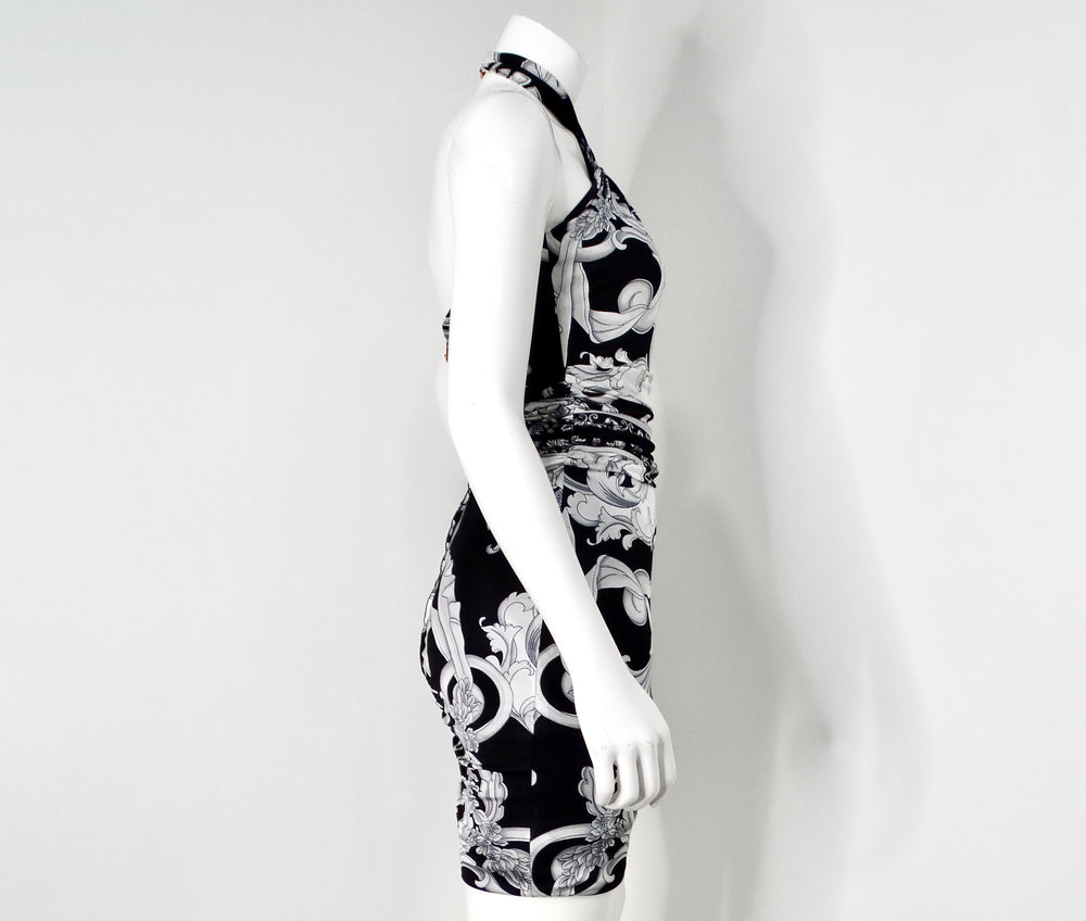 Versace Black & Grey Baroque Print Halter Dress