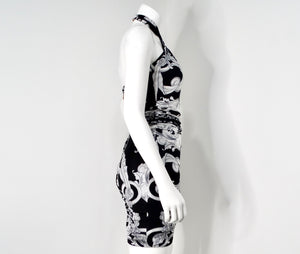 Versace Black & Grey Baroque Print Halter Dress