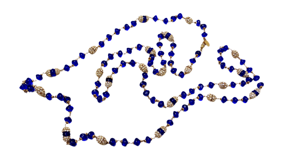 Chanel Long Blue Gripoix Glass Beaded Necklace circa 1970s
