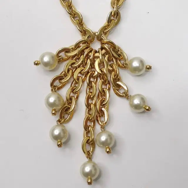 1980s Gold Plated Faux Pearl Tassel Necklace