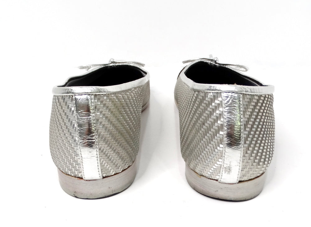 Chanel Silver Metallic PVC Woven Grosgrain Black Cap Toe Ballet Flats