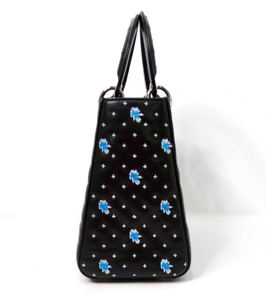 Christian Dior Black Calfskin Embroidered Flower Lady Dior Handbag circa 2015