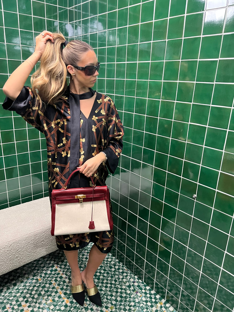 Hermes Black Silk Print Dress With Neck Tie circa 1990s