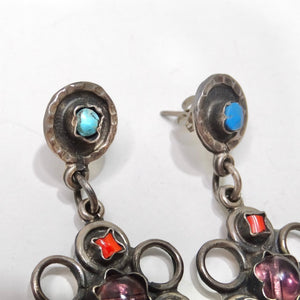 Silver Flower Turquoise Gemstone Dangle Earrings