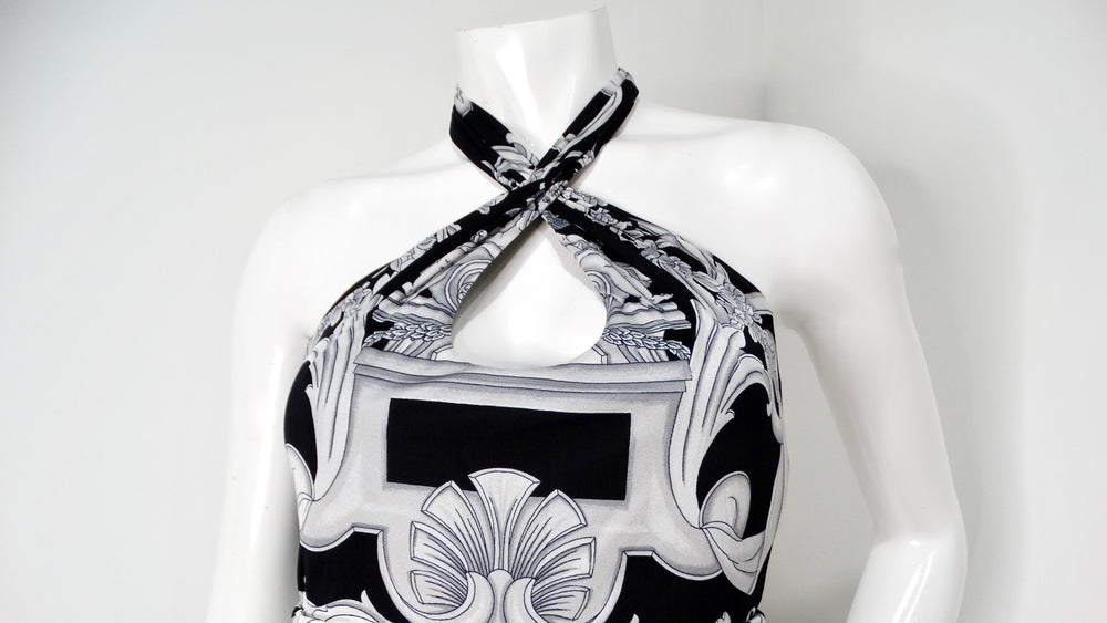 Versace Black & Grey Baroque Print Halter Dress