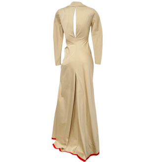 Guy Laroche Khaki Long-Sleeve Maxi Dress With Red Trim and Open Back