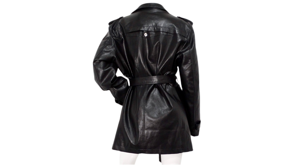 Vintage 1990s Black Leather Trench Mini Dress Jacket With Belt