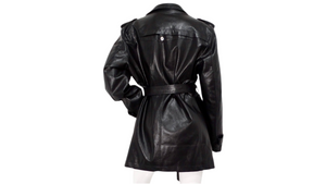 Vintage 1990s Black Leather Trench Mini Dress Jacket With Belt