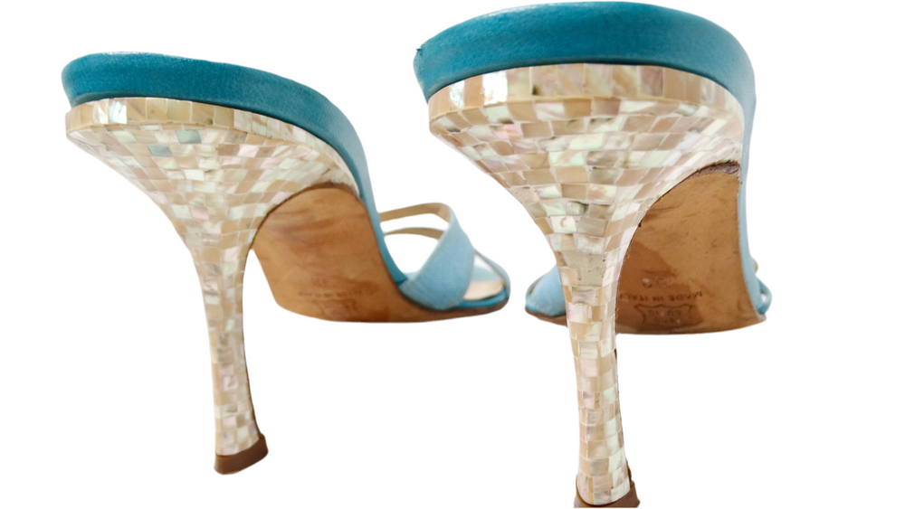 Y2K Jimmy Choo Blue Mother Of Pearl Detailed Kitten Heel Sandals