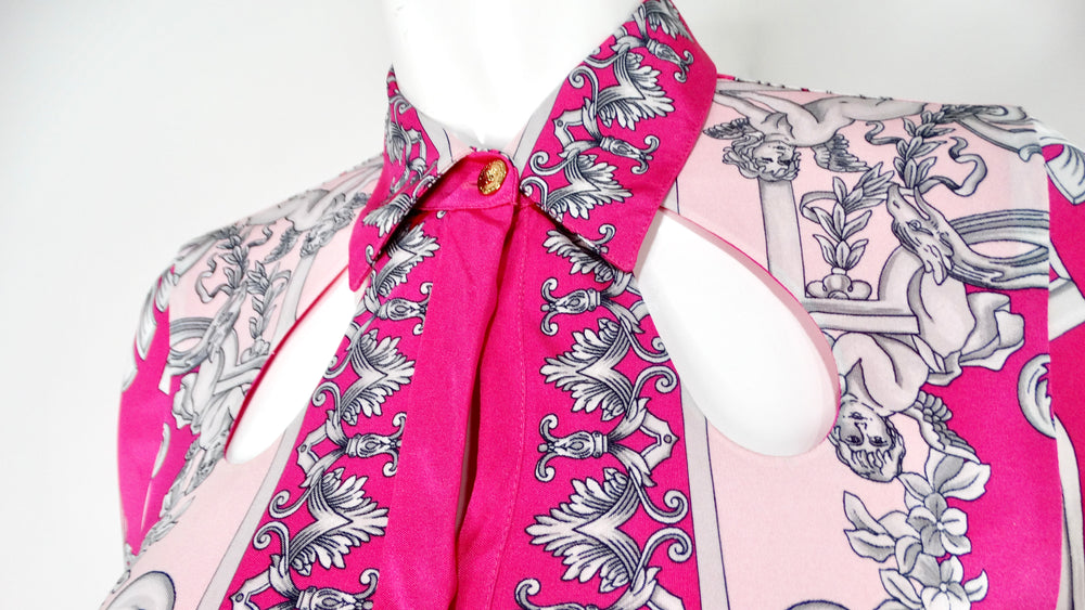 Versace Hot Pink Cutout Baroque Print Long-Sleeve Belted Dress