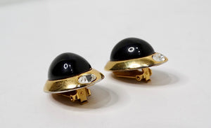 1980s Kenneth Jay Lane Black Cabochon Gold Tone Clip On Earrings