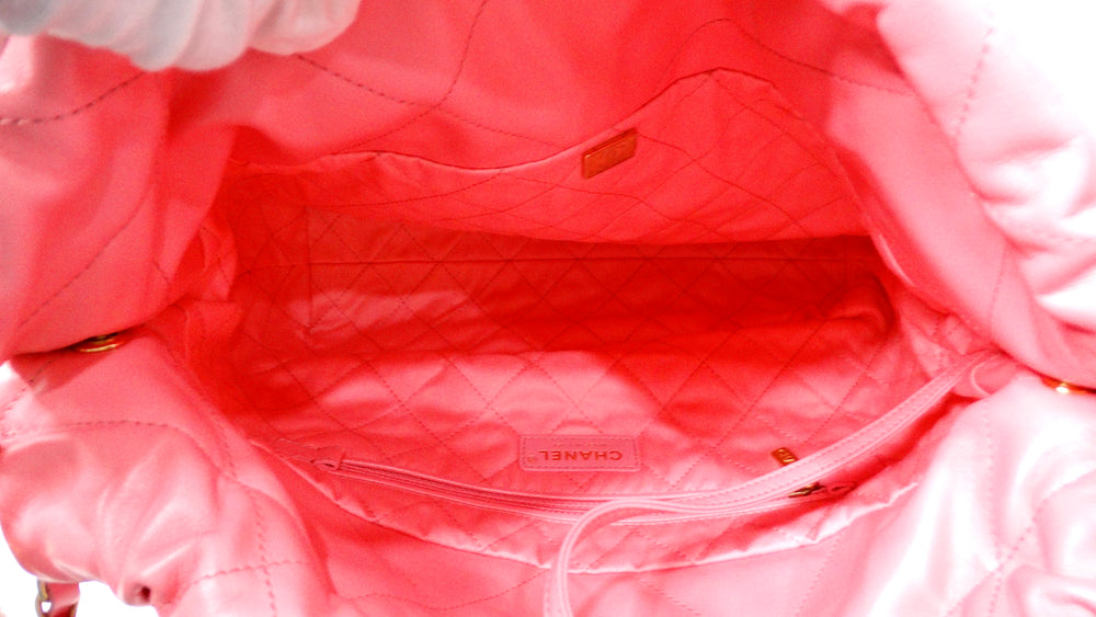 Chanel 22 Small Coral Shiny Quilted Calfskin Tote Bag