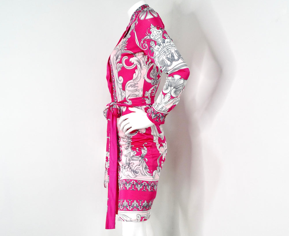 Versace Hot Pink Cutout Baroque Print Long-Sleeve Belted Dress
