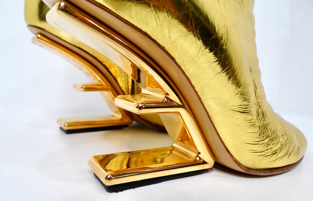 Fendi Gold-Tone Laminated Craquele Nappa Fendi First Booties