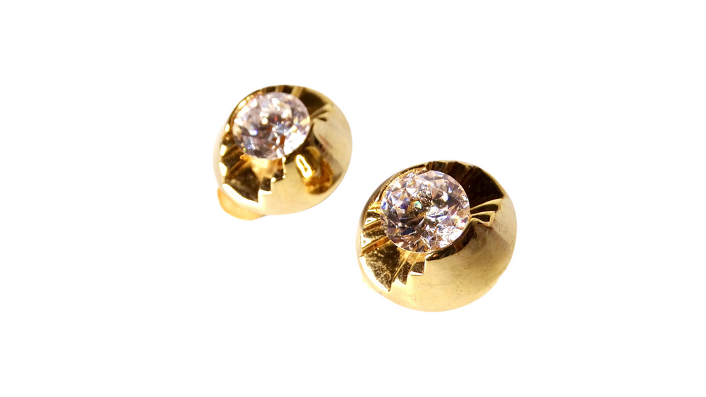 Vintage Chunky Geometric Crystal & 14k Gold Plated Stud Clip-On Earrings