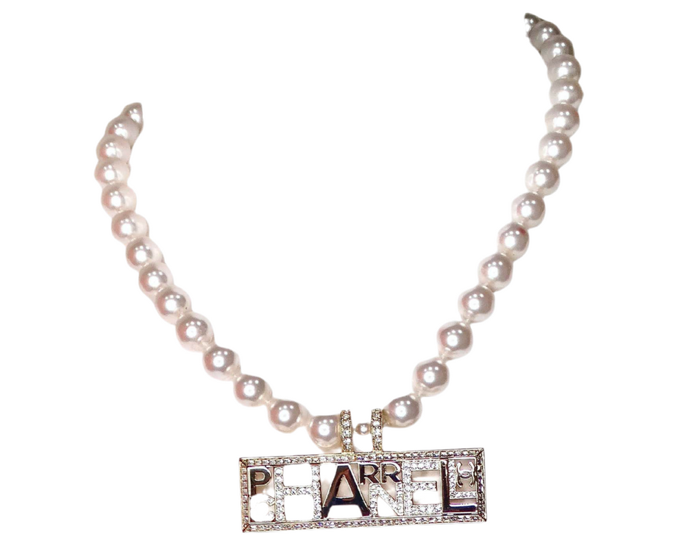Chanel x Pharrell Williams Crystal Logo Costume Pearl Necklace 2019