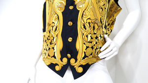 Hermes Black & Gold Des Tuileries Silk Print Vest circa 1990s