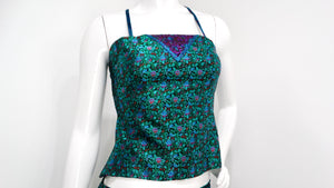 1990s Multicolor Floral Print Brocade Top & Skirt Set