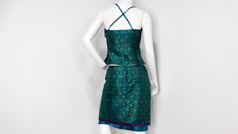 1990s Multicolor Floral Print Brocade Top & Skirt Set