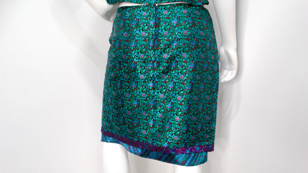 1990s Multicolor Floral Print Brocade Top & Skirt Set