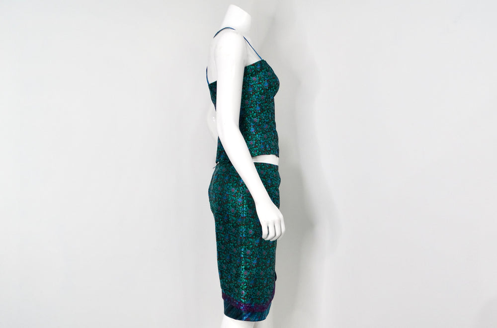1990s Multicolor Floral Print Brocade Top & Skirt Set
