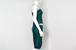 1990s Multicolor Floral Print Brocade Top & Skirt Set