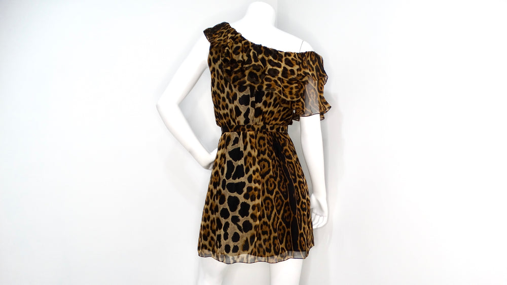 Saint Laurent Leopard Print Silk Off-The-Shoulder Mini Dress