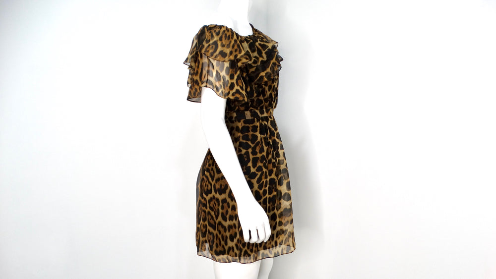 Saint Laurent Leopard Print Silk Off-The-Shoulder Mini Dress