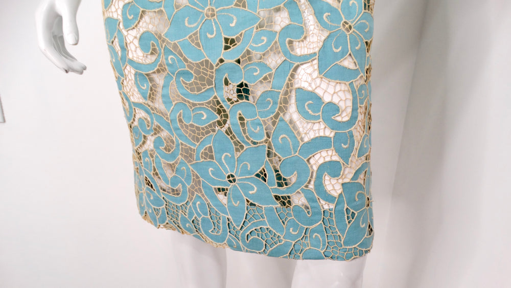 1980s Blue & Cream Floral Net Detail Cut-Out Midi Dress
