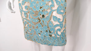 1980s Blue & Cream Floral Net Detail Cut-Out Midi Dress